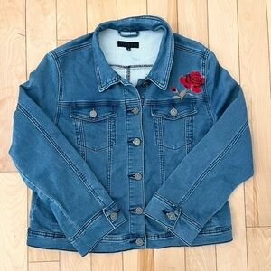 Oxygen Blue Denim Jeans Jacket Red Rose Embroidery Size XL